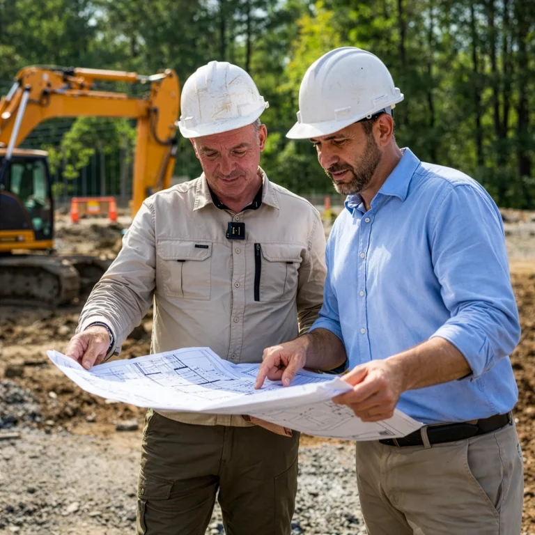 Construction professionals reviewing arboricultural reports on site